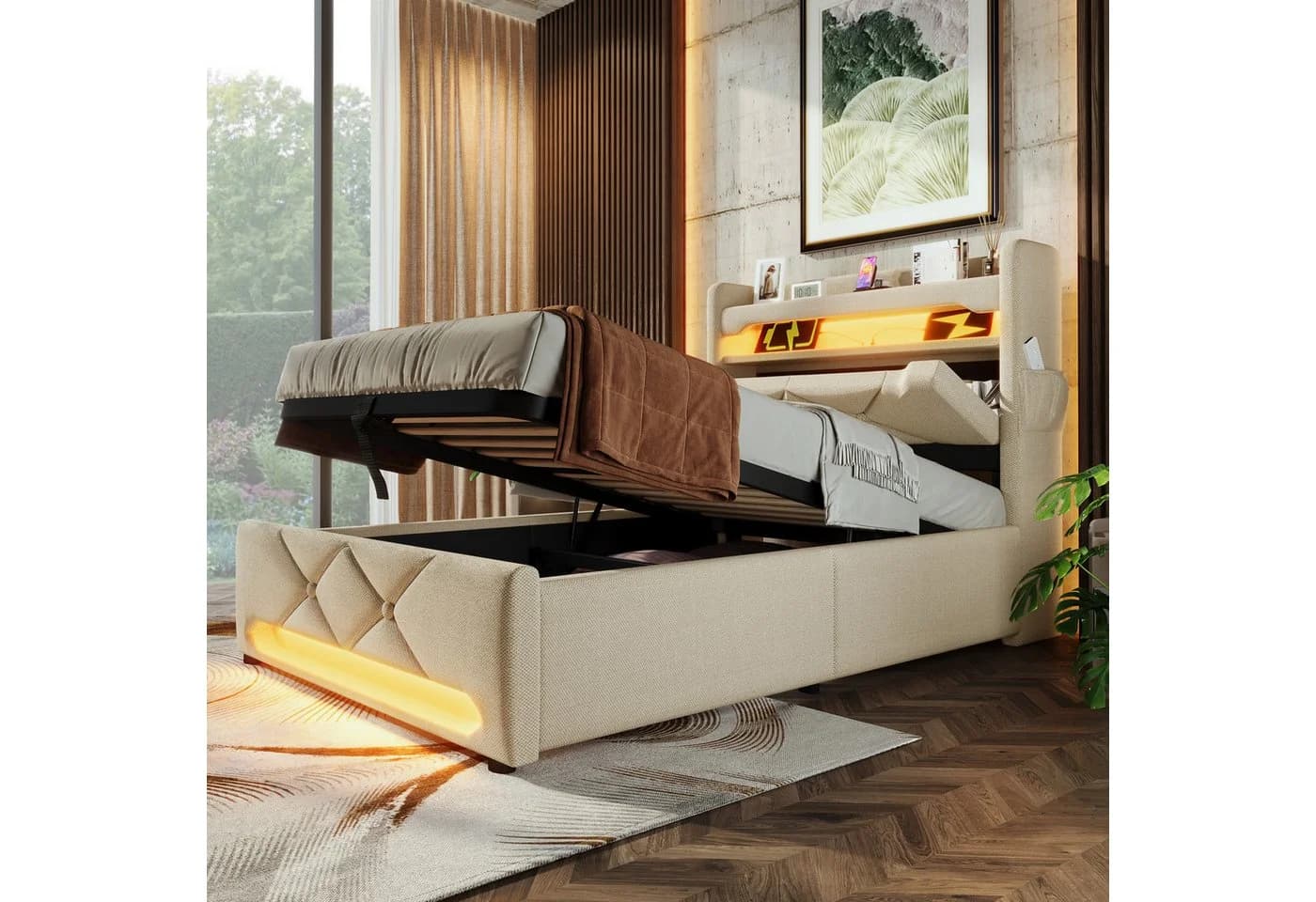 TavilaEcon Boxspringbett Grau/Beige mit LED & Stauraum - Bild 2