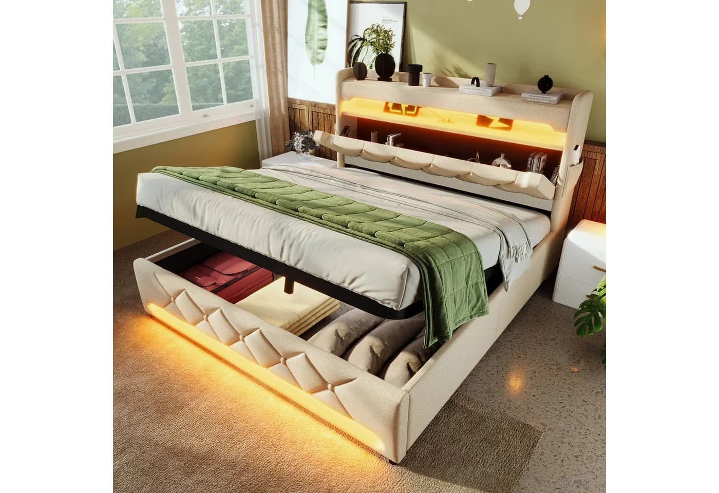 TavilaEcon Boxspringbett Grau/Beige mit LED & Stauraum - Bild 3