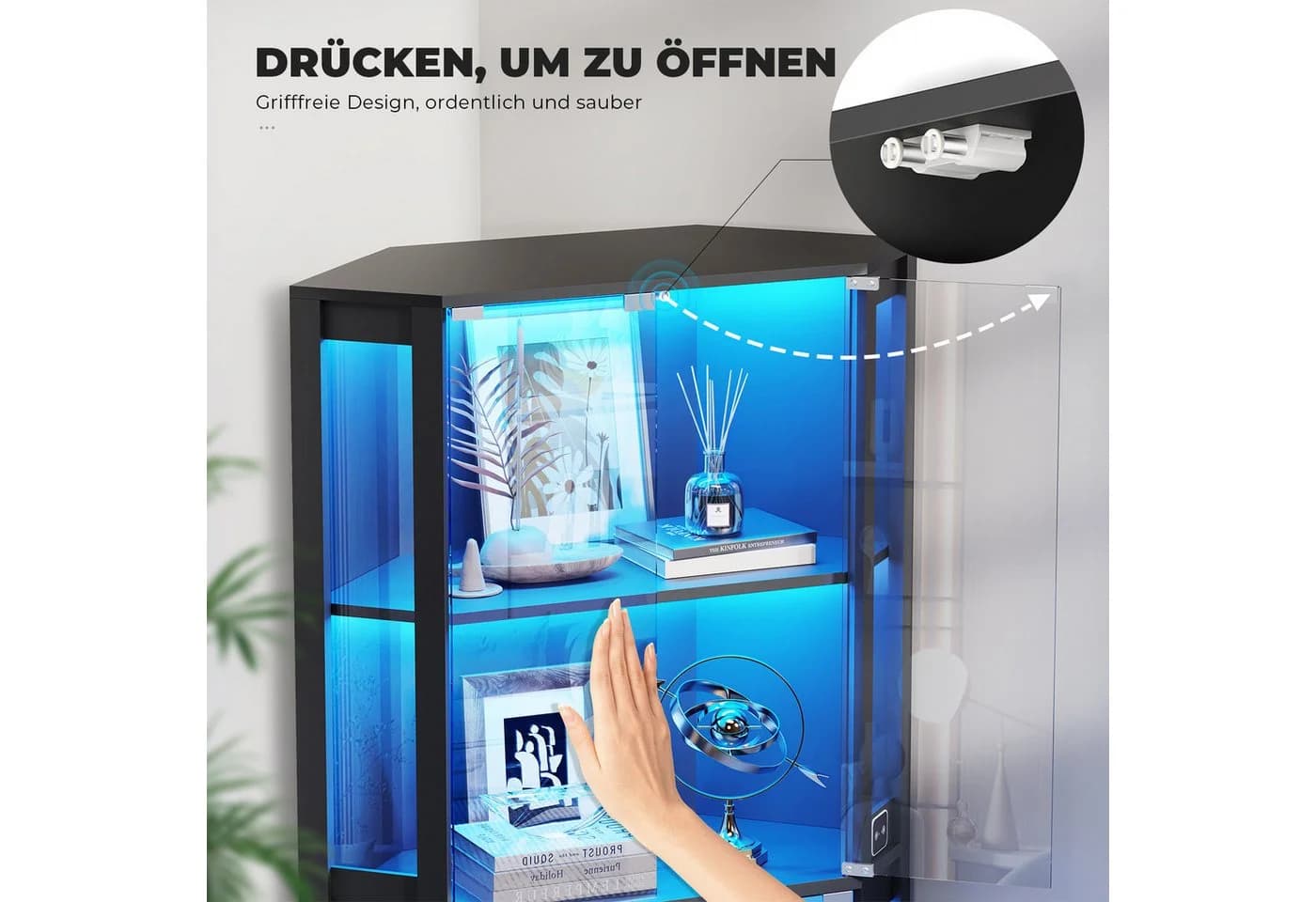BROTTAR Glasvitrine Eckvitrine 4 Böden LED-Beleuchtung Körpersensor schwarz - Bild 5