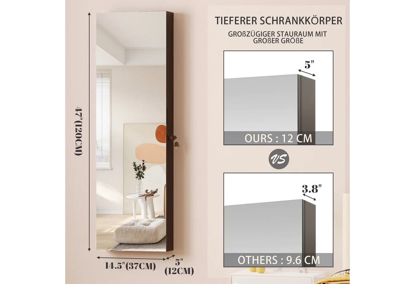 LVSOMT Schmuckschrank mit Spiegel Weiß, Braun oder Grau