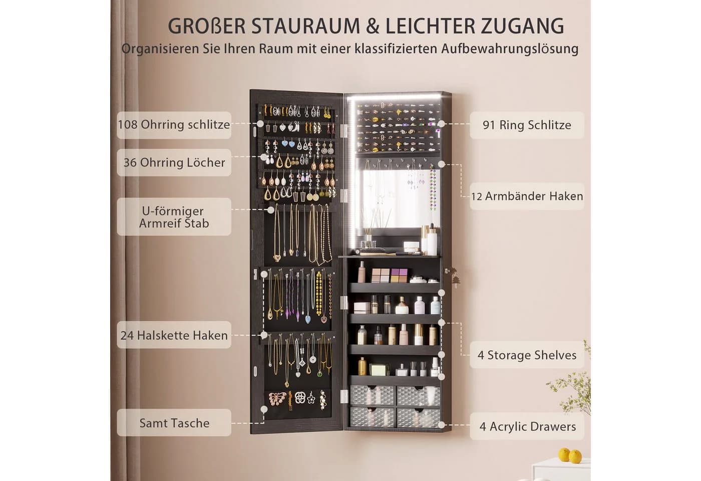 LVSOMT Schmuckschrank mit Spiegel Weiß, Braun oder Grau - Bild 5