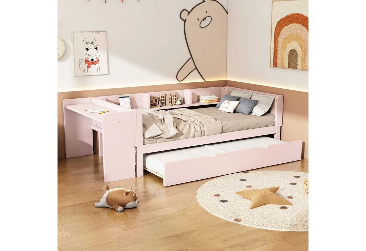 TavilaEcon Multifunktionales Kinderbett mit Schreibtisch & Ausziehbett Rosa - Bild 3