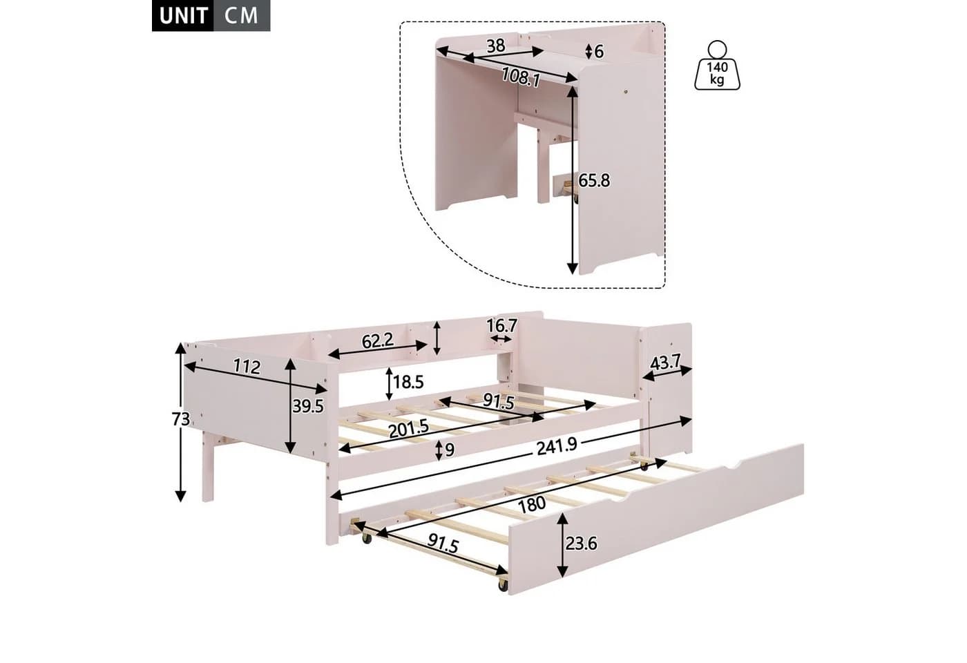 TavilaEcon Multifunktionales Kinderbett mit Schreibtisch & Ausziehbett Rosa - Bild 4