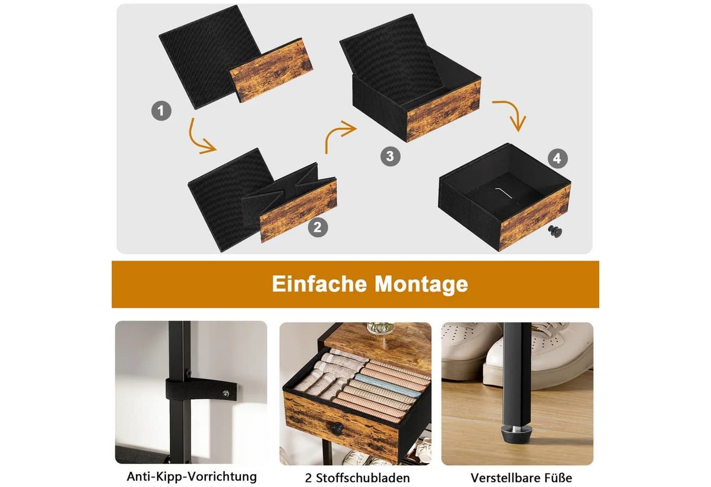 FABATO Schuhschrank 5-stöckig mit 2 Stoffschubladen Holz & Metall - Bild 4