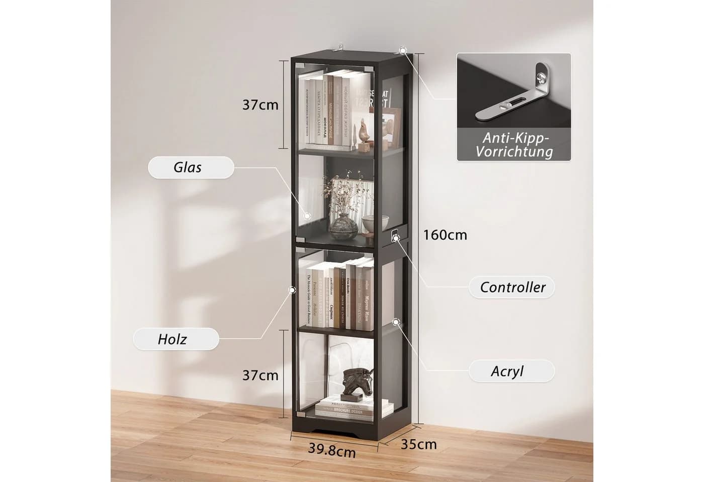 BROTTAR Glasvitrine Ausstellungsschrank mit Glastür 4-stufig Schwarz LED-Beleuchtung - Bild 4