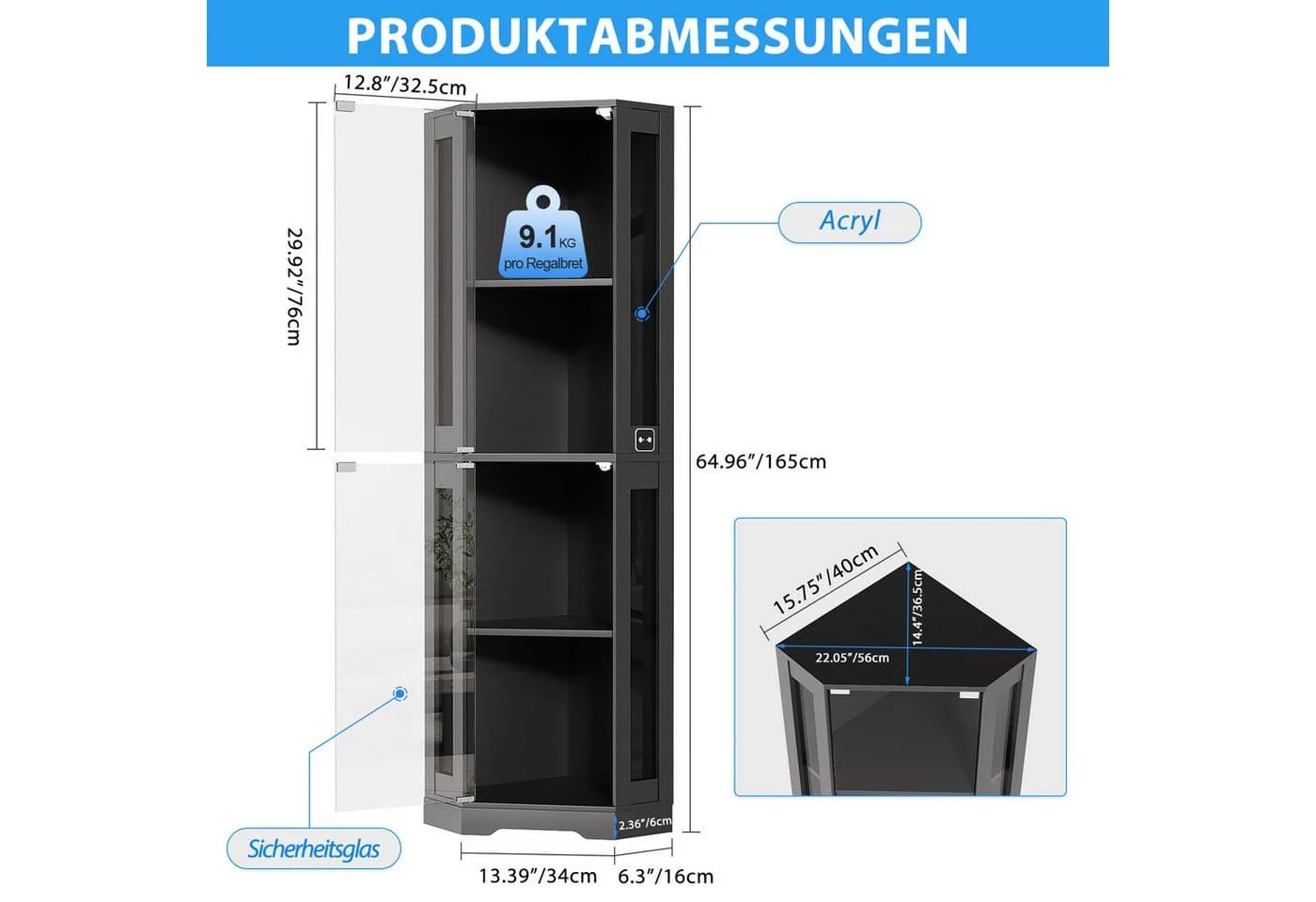 BROTTAR Eckvitrine 4-stöckiger Eckglasanzeigeschrank mit LED-Beleuchtung - Bild 4