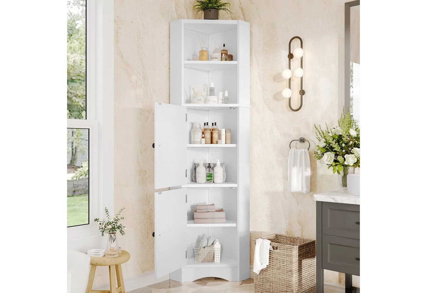 TavilaEcon Eckschrank Badezimmerschrank mit 2 Türen, feuchtigkeitsbeständige Lacktechnologie dreieckiges Schrankdesign, weiß - Bild 2