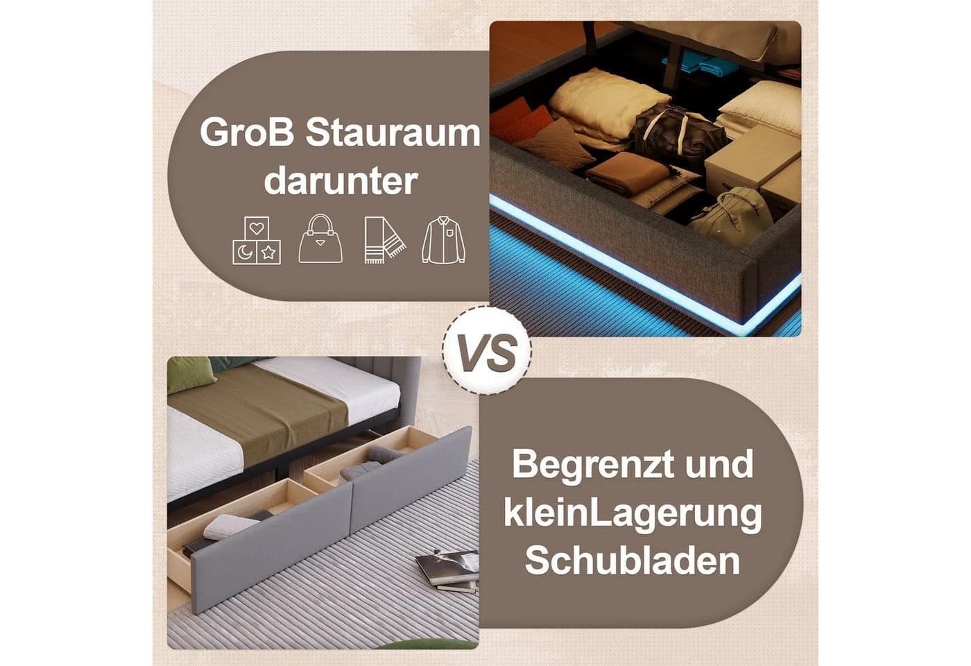 TavilaEcon Boxspringbett Beige/Grau Leinenstoff MDF-Umweltplatten - Bild 5