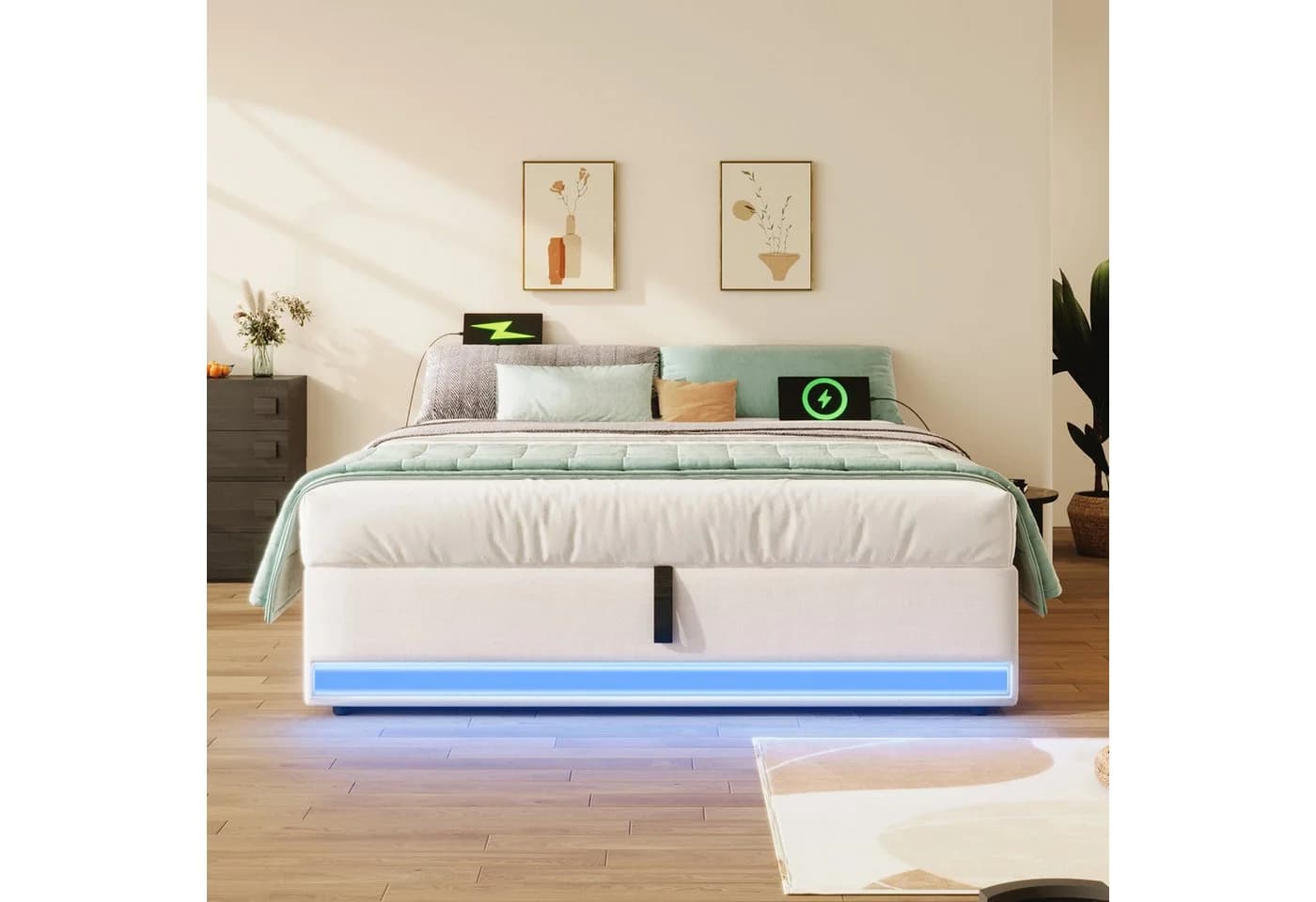 TavilaEcon Boxspringbett Polsterbett Beige/Grau mit LED-Leiste, USB & Typ-C - Bild 2