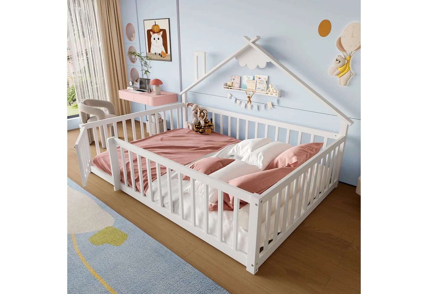TavilaEcon Kinderbett Flachbett Traumhaus-Design Kiefernholz 140x190cm