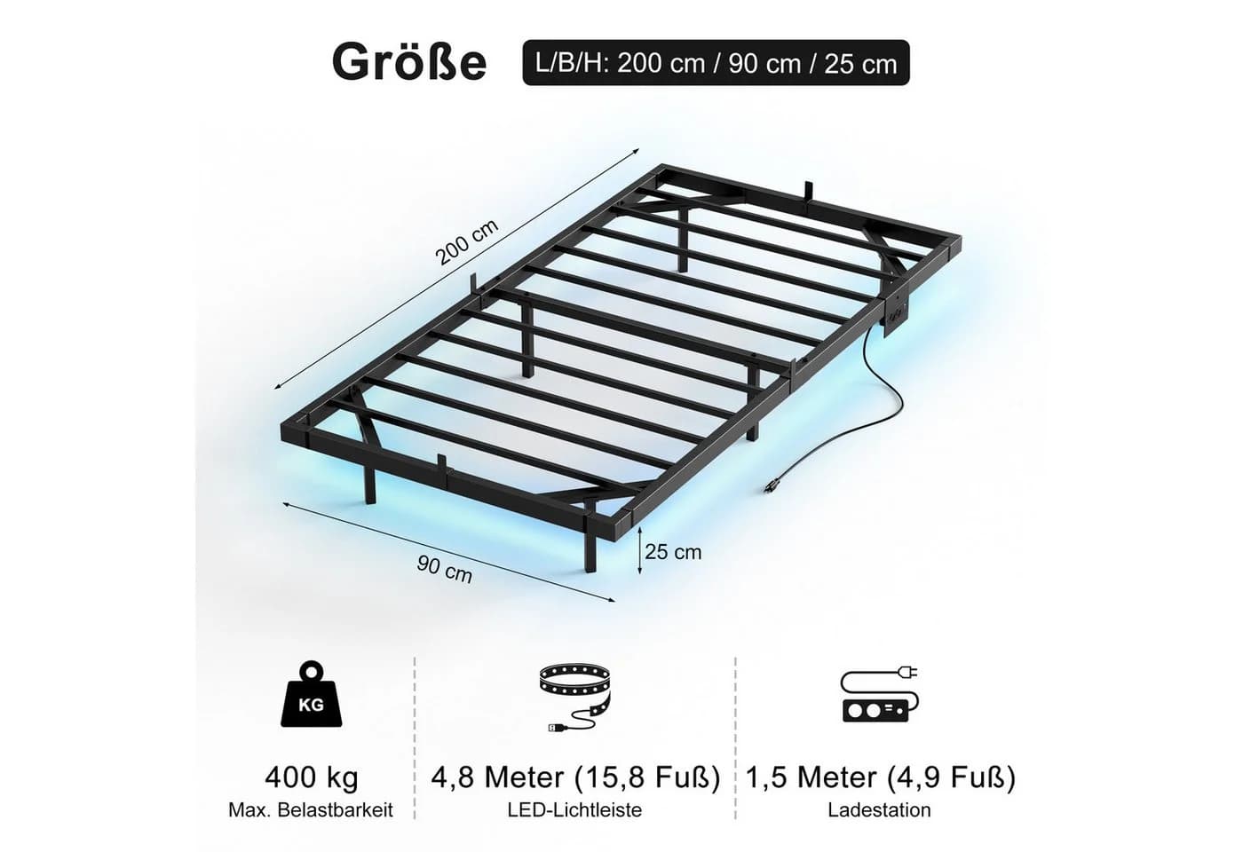 FABATO Metallbett Schwebebett Schwarz 90x200 cm