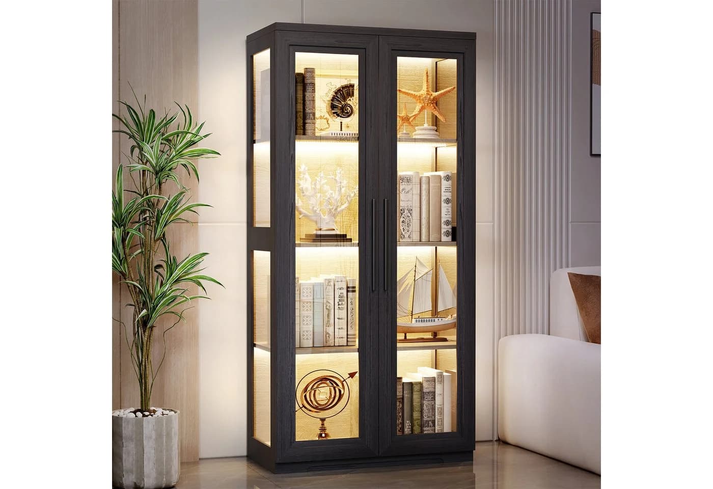 BROTTAR Glasvitrine Glasscheibenschrank Curio-Schrank 2 Glastüren 3-Farb-LED Magnetverschluss