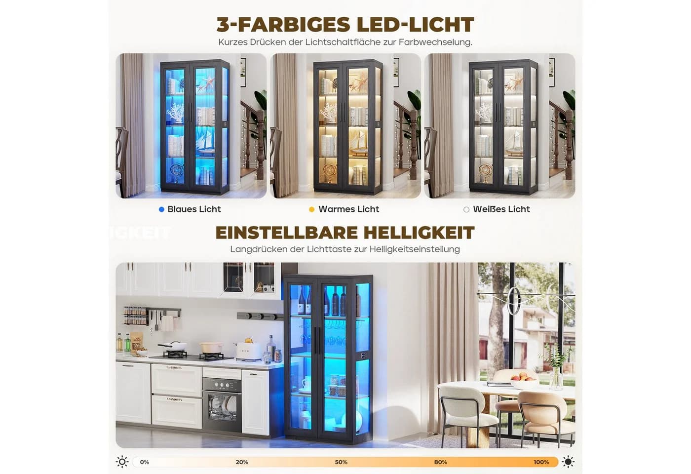 BROTTAR Glasvitrine Glasscheibenschrank Curio-Schrank 2 Glastüren 3-Farb-LED Magnetverschluss - Bild 5