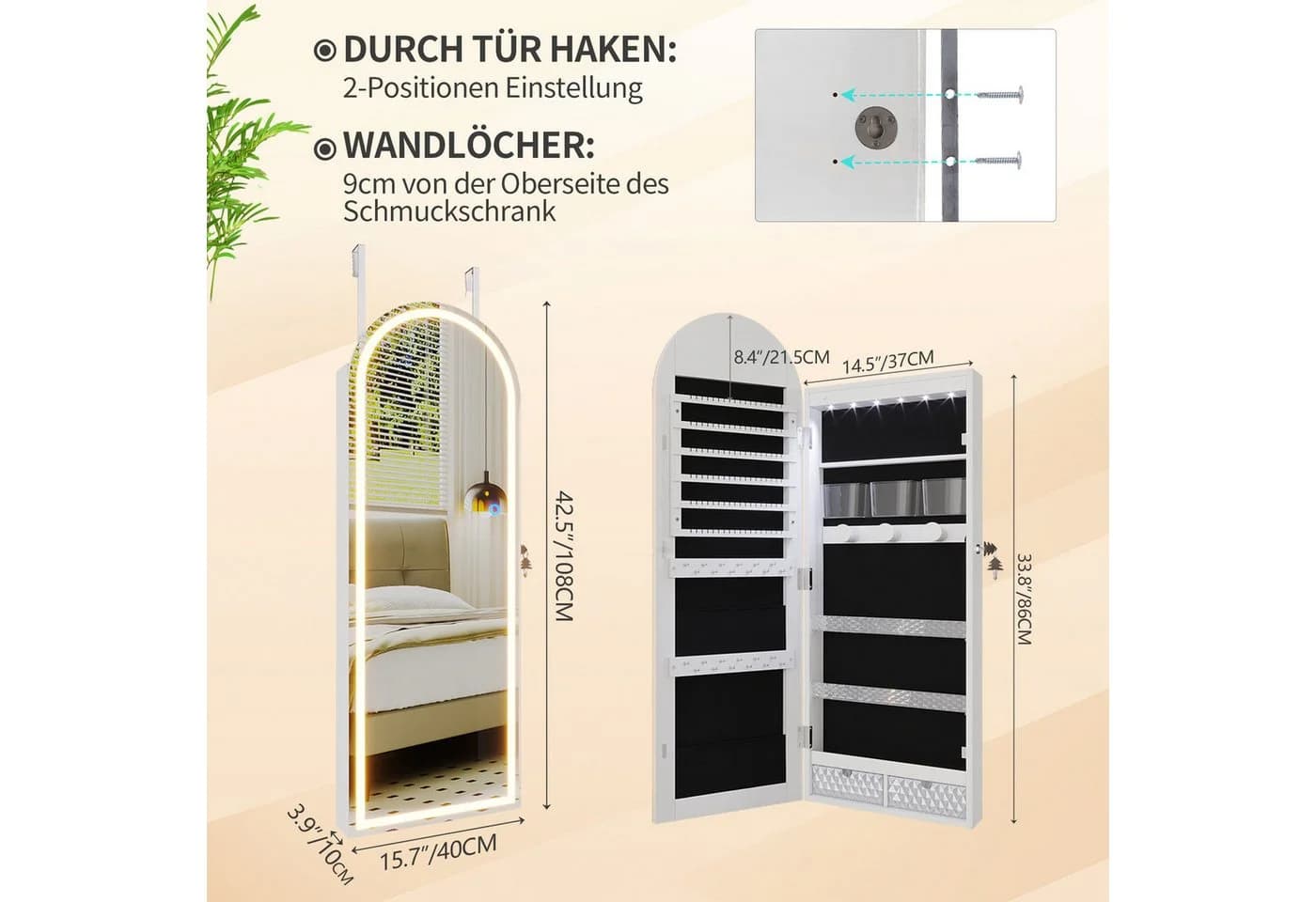 LVSOMT Schmuckschrank 3 Farben Licht MDF Glas Samt 108x40cm Weiß