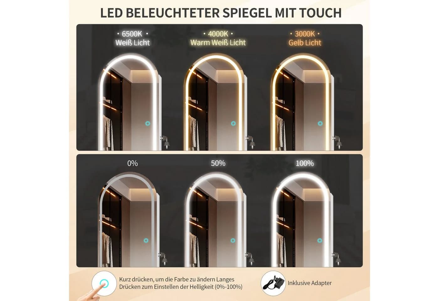 LVSOMT Schmuckschrank 3 Farben Licht MDF Glas Samt 108x40cm Weiß - Bild 3
