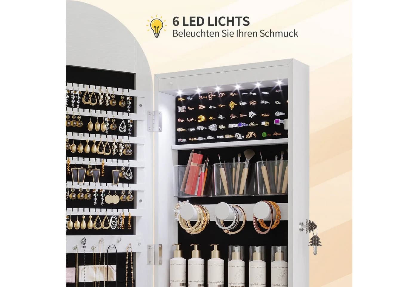 LVSOMT Schmuckschrank 3 Farben Licht MDF Glas Samt 108x40cm Weiß - Bild 4