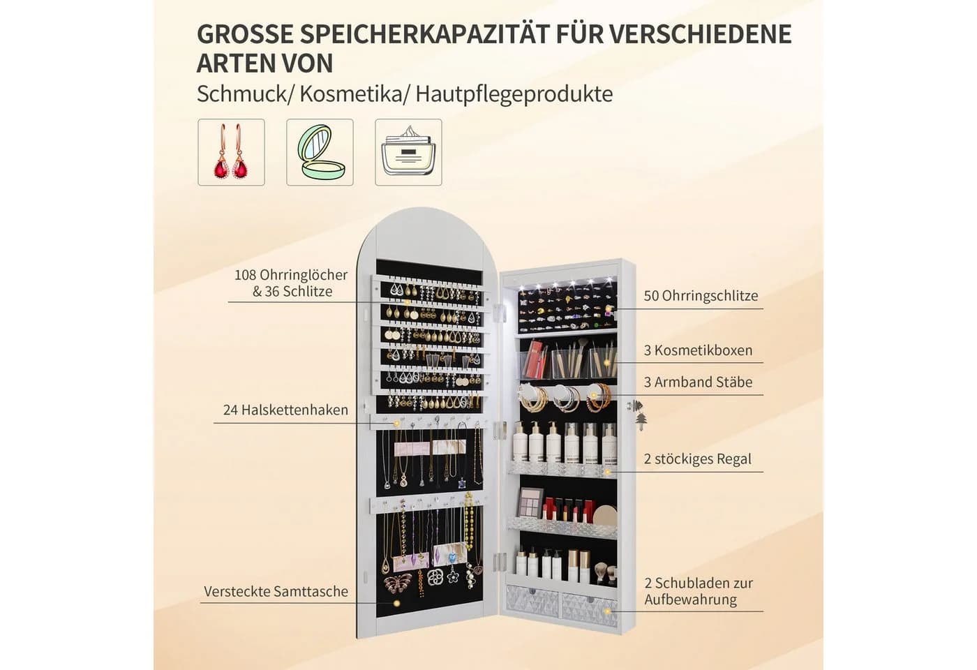 LVSOMT Schmuckschrank 3 Farben Licht MDF Glas Samt 108x40cm Weiß - Bild 5