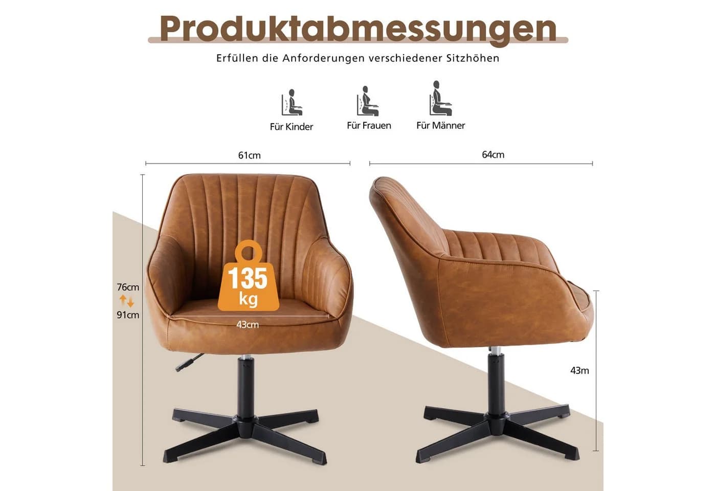 Refined Living Bürostuhl Schreibtischstuhl Ohne Rollen Drehstuhl Höhenverstellbar PU Stoff Braun
