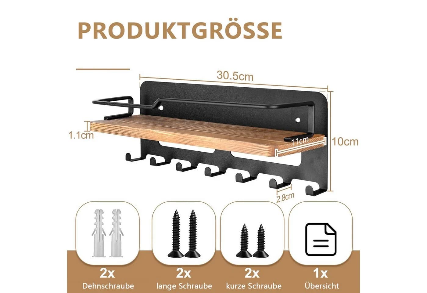 Refined Living Schlüsselbrett Holz mit 7 Haken