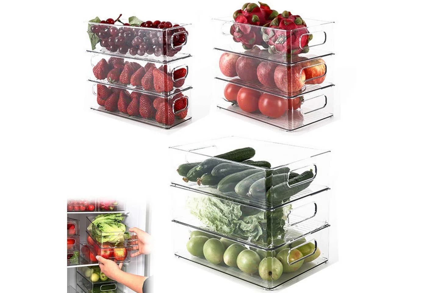 Refined Living Aufbewahrungsbox Kühlschrank Organizer Set Stapelbar - 9er Set (3 Größe) Korbeinsatz - Bild 2