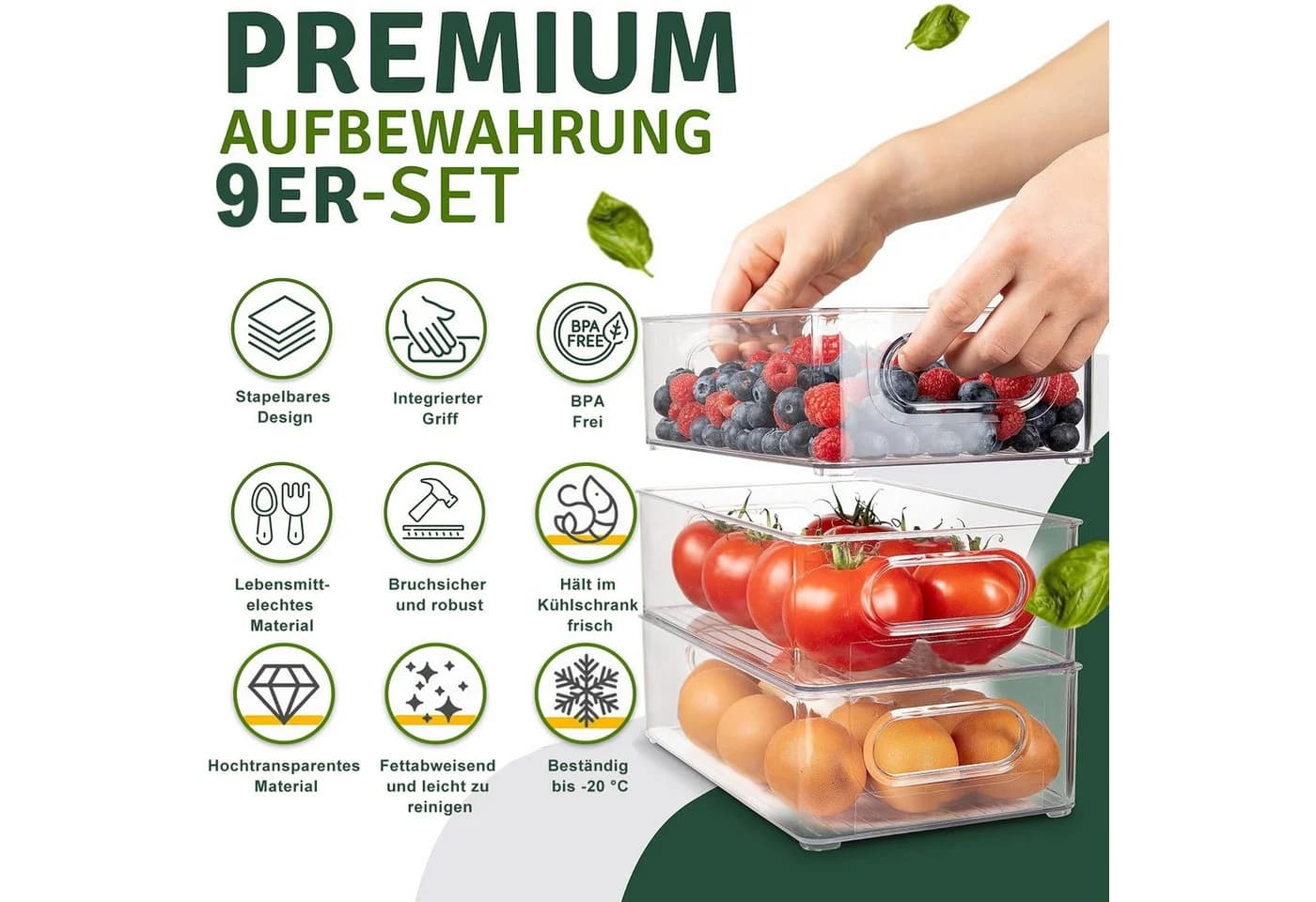 Refined Living Aufbewahrungsbox Kühlschrank Organizer Set Stapelbar - 9er Set (3 Größe) Korbeinsatz - Bild 4