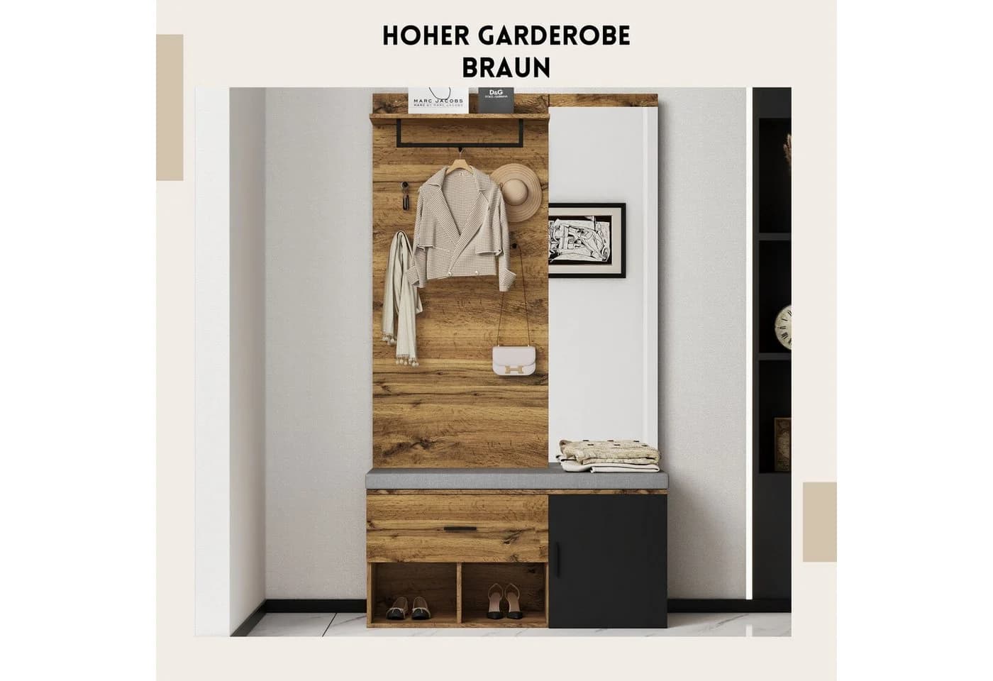 SeedWave Garderobe mit Schuhschrank, Bank & Spiegel, Moderner Holzoptik