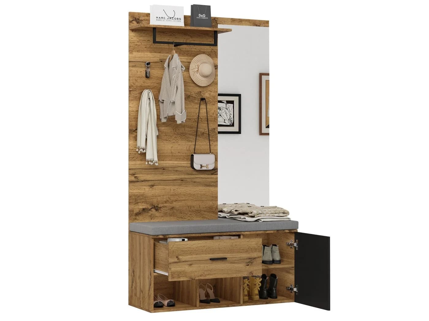 SeedWave Garderobe mit Schuhschrank, Bank & Spiegel, Moderner Holzoptik - Bild 2