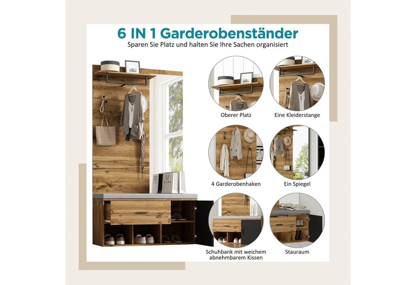 SeedWave Garderobe mit Schuhschrank, Bank & Spiegel, Moderner Holzoptik - Bild 4