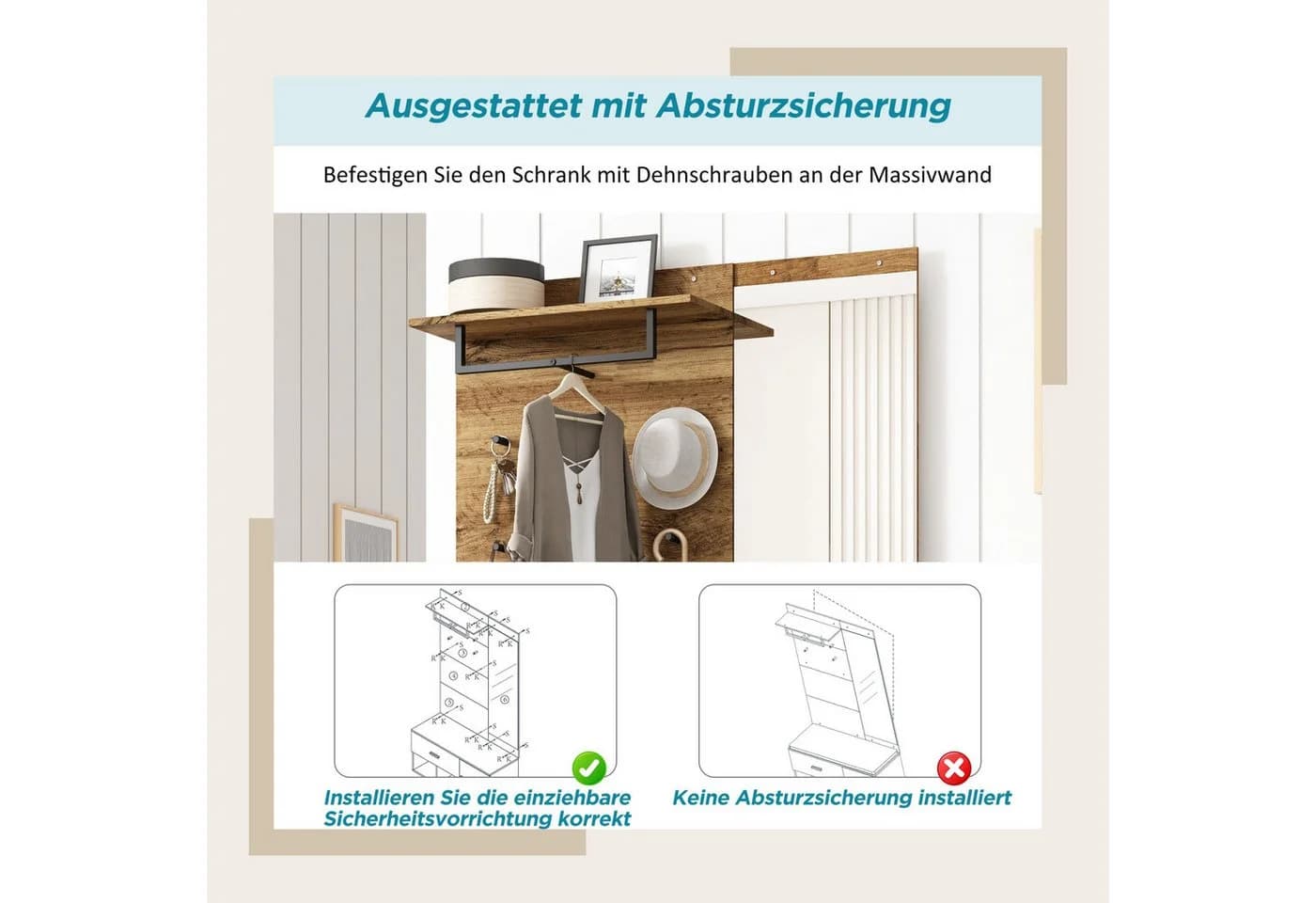 SeedWave Garderobe mit Schuhschrank, Bank & Spiegel, Moderner Holzoptik - Bild 5
