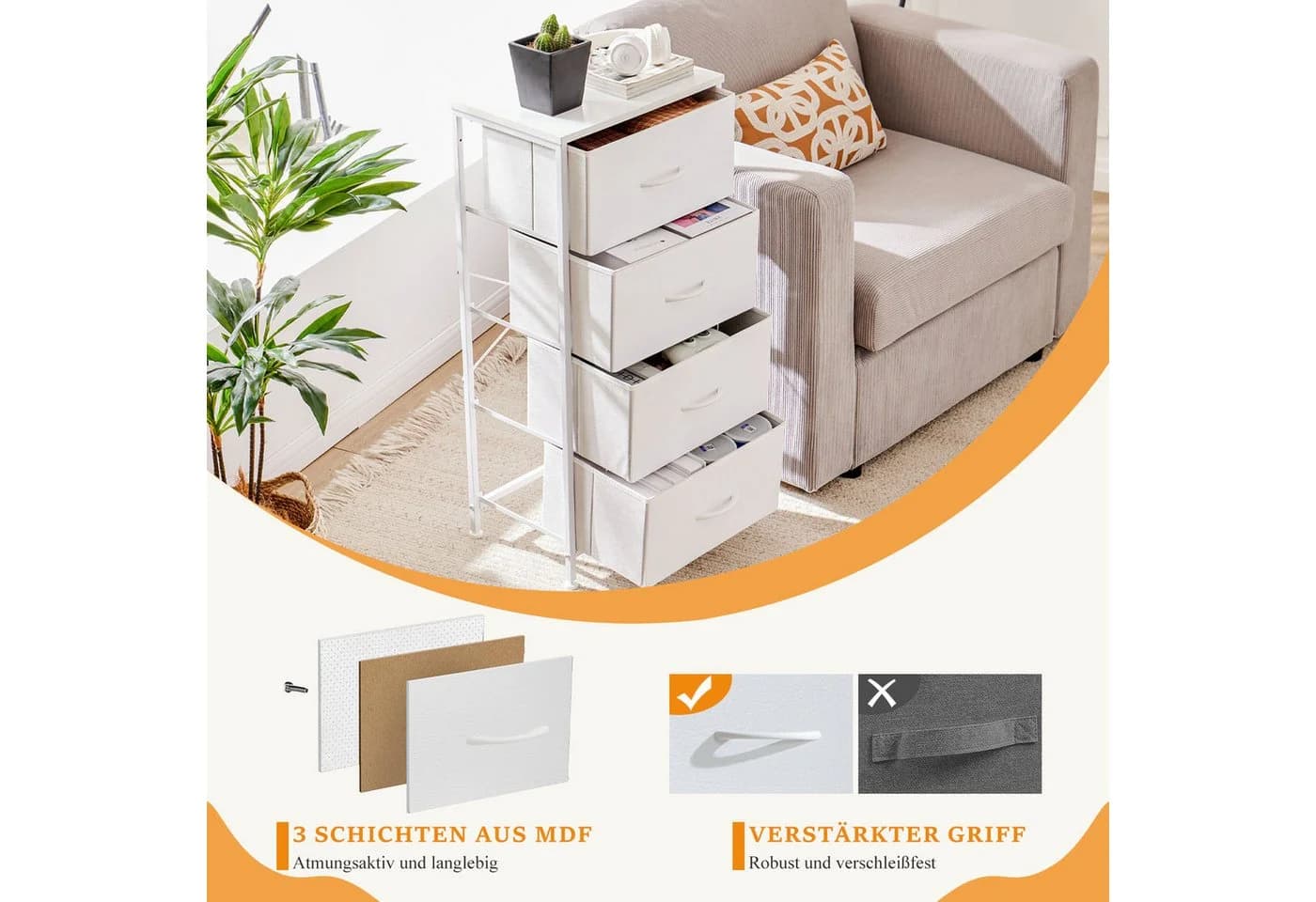 IDEASY Schubkastenkommode Weiß mit 4 Stoffschubladen - Bild 5
