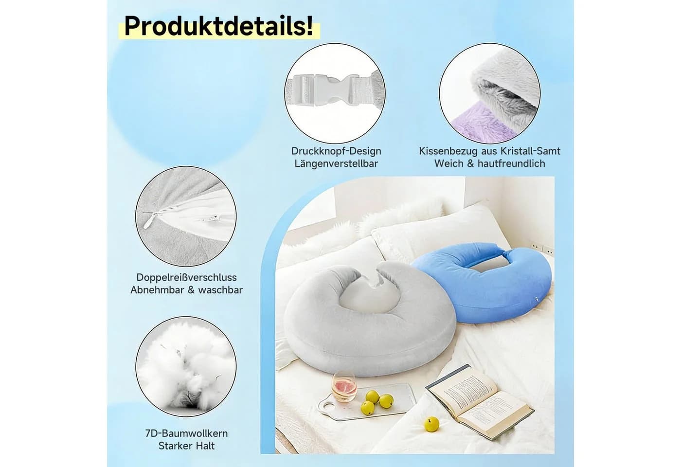 HEYHIPPO Stützkissen U-Form Grau/Lila Ergonomisch - Bild 4