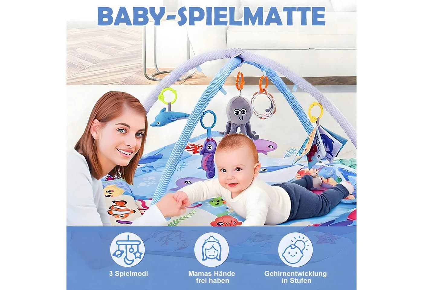 HEYHIPPO Spielmatte Baby Krabbeldecke Blau 110x110x43cm - Bild 5