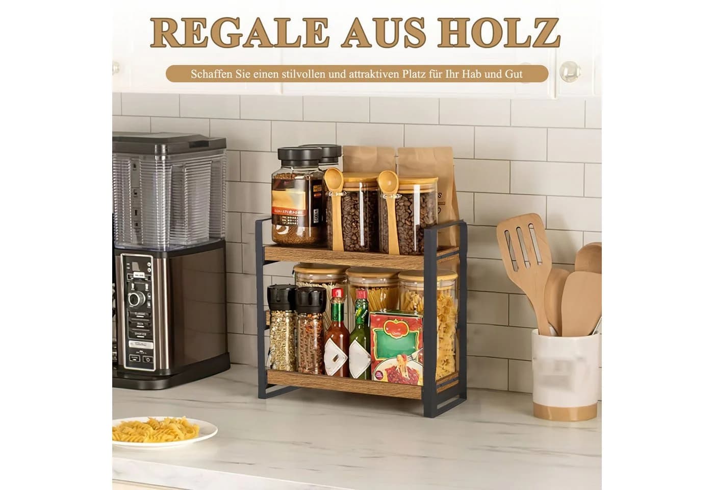 HEYHIPPO Flaschenregal Lagerregal Gewürzregal Kosmetikregal Doppelschichtiges Holztablett - Bild 5