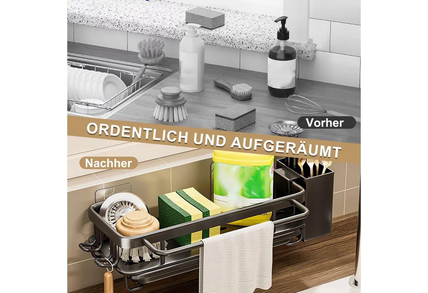 HEYHIPPO Küchenregal Küchenspülen-Organizer Besteckaufbewahrungsregal Handtuchhalter Haken - Bild 4