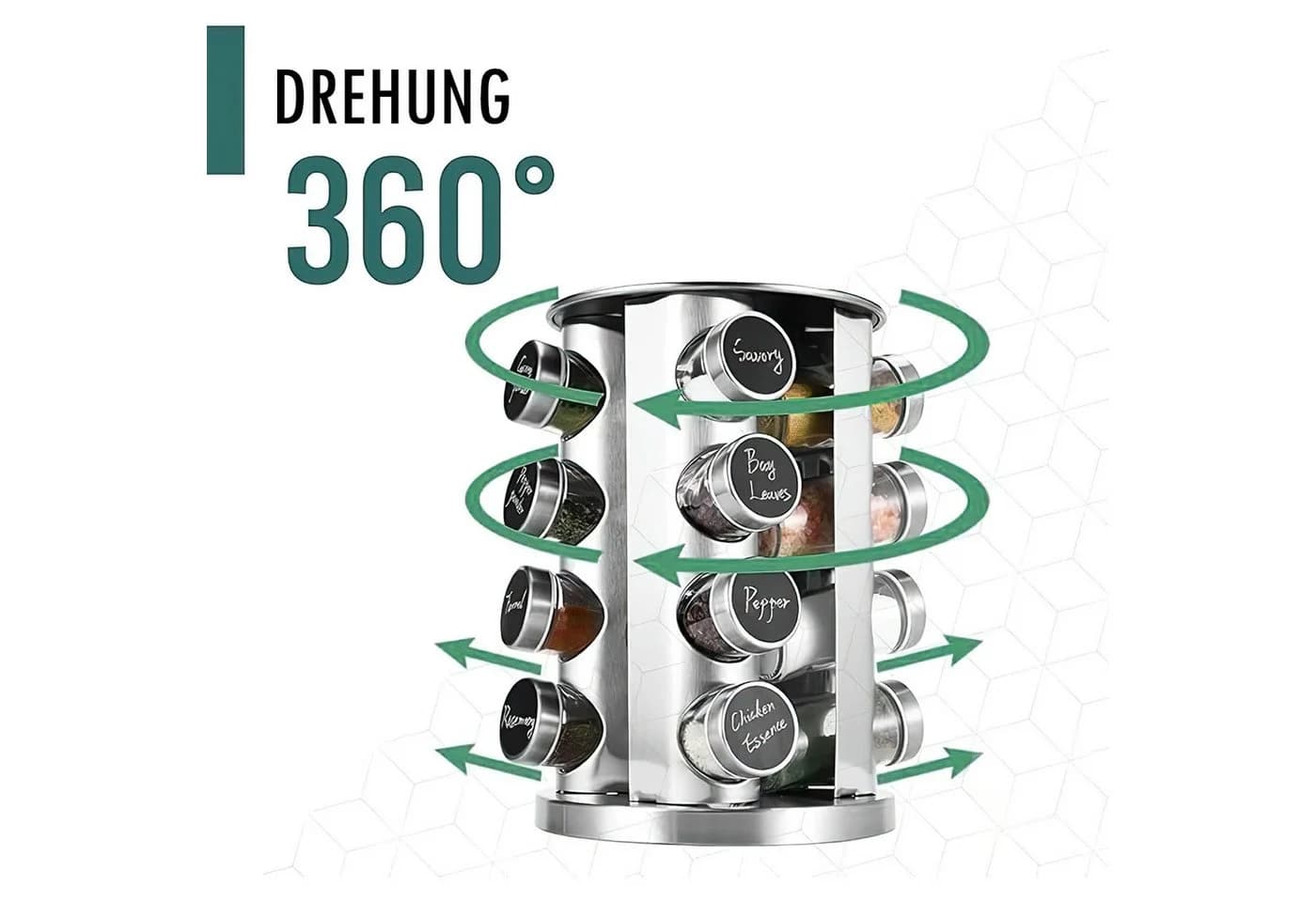 HEYHIPPO Gewürzkarussell 360° drehbares Gewürzregal mit 16 Gewürzgläsern Edelstahl - Bild 4