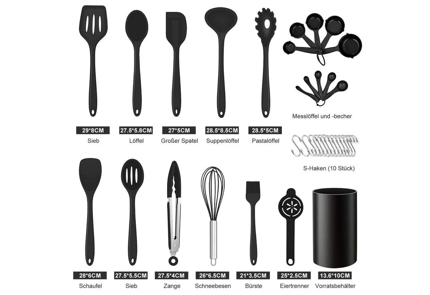 HEYHIPPO Küchenorganizer-Set 32-tlg. Silikon Küchenutensilien Hitzebeständig Spülmaschinenfest