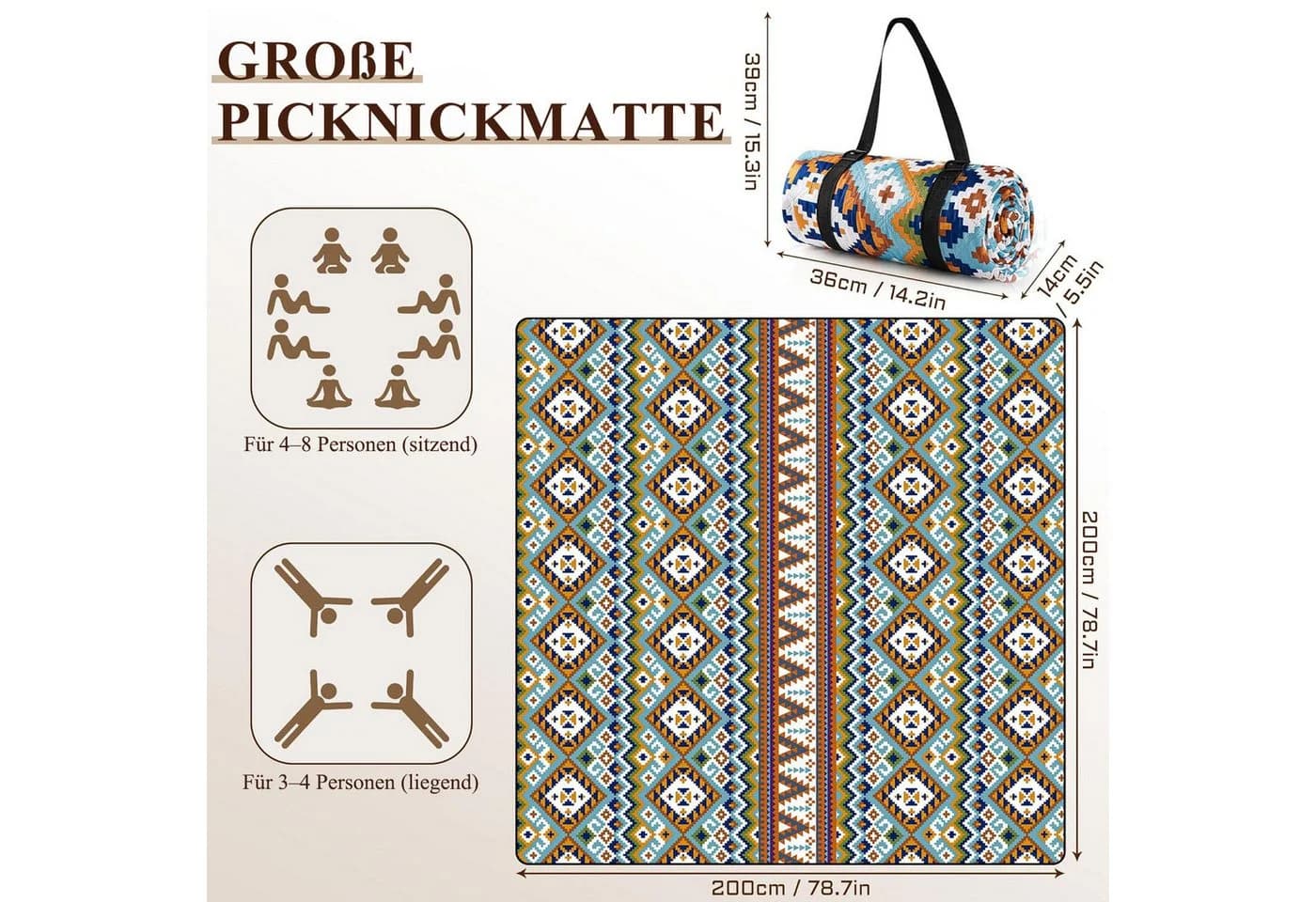 HEYHIPPO Picknickdecke 2x2m Bohème-Muster