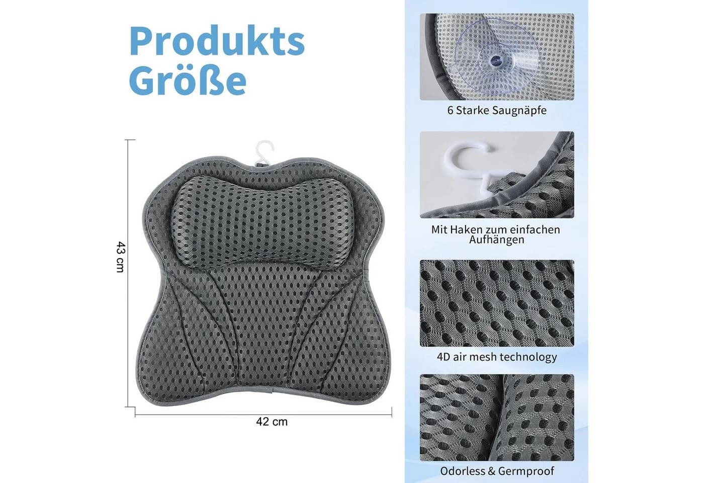 HEYHIPPO Badewannenkissen Grau 4D Mesh Ergonomisch