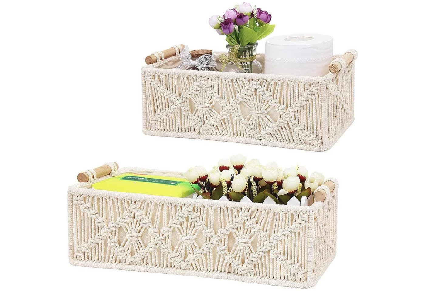 HEYHIPPO Aufbewahrungsbox 2er-Set Boho, handgeflochten mit Griffen, weiß - Bild 2
