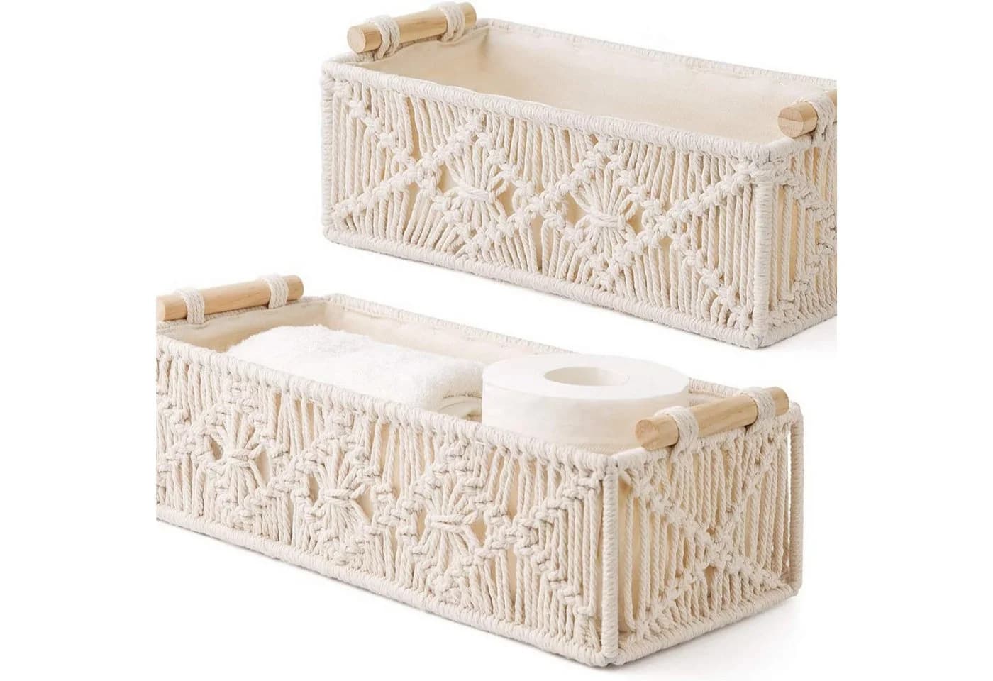HEYHIPPO Aufbewahrungsbox 2er-Set Boho, handgeflochten mit Griffen, weiß - Bild 3