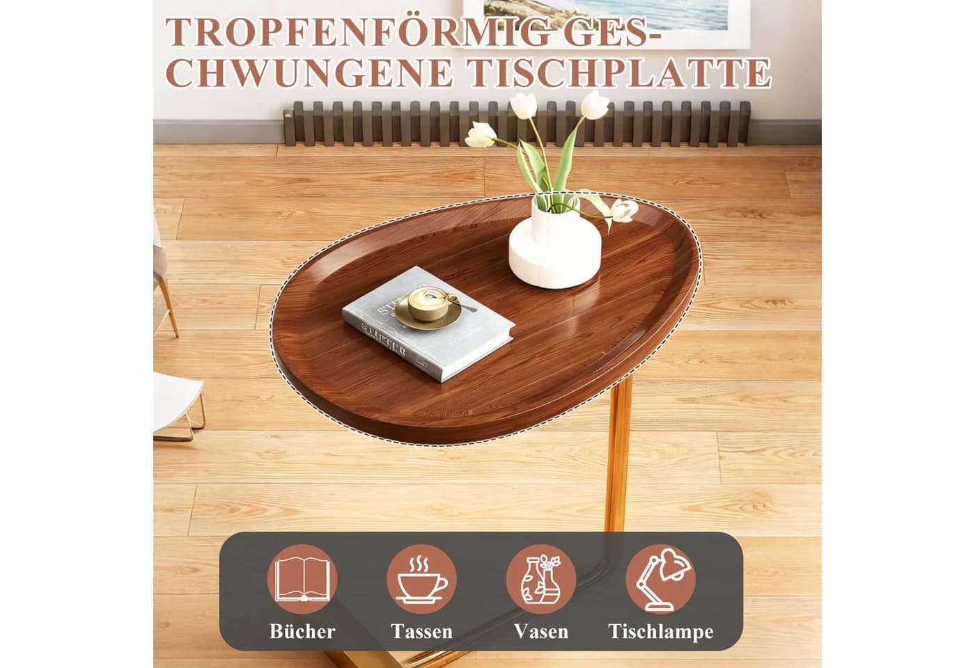 HEYHIPPO C-Beistelltisch mit Holzplatte und Metallgestell, Sofatisch 60 cm hoch Walnuss Gold - Bild 4