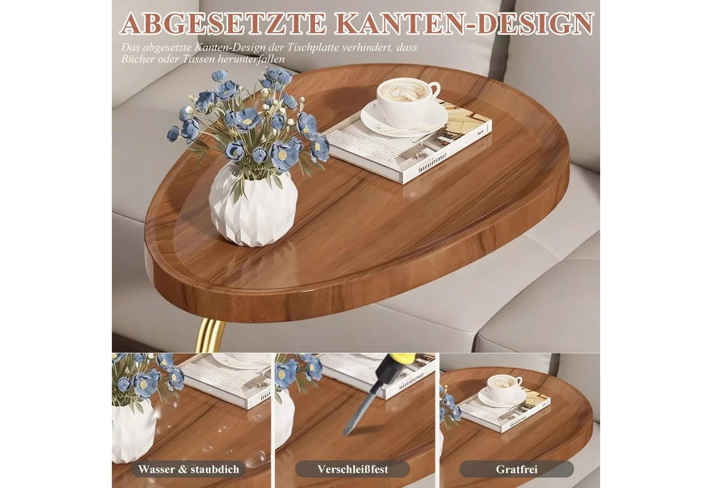 HEYHIPPO C-Beistelltisch mit Holzplatte und Metallgestell, Sofatisch 60 cm hoch Walnuss Gold - Bild 5