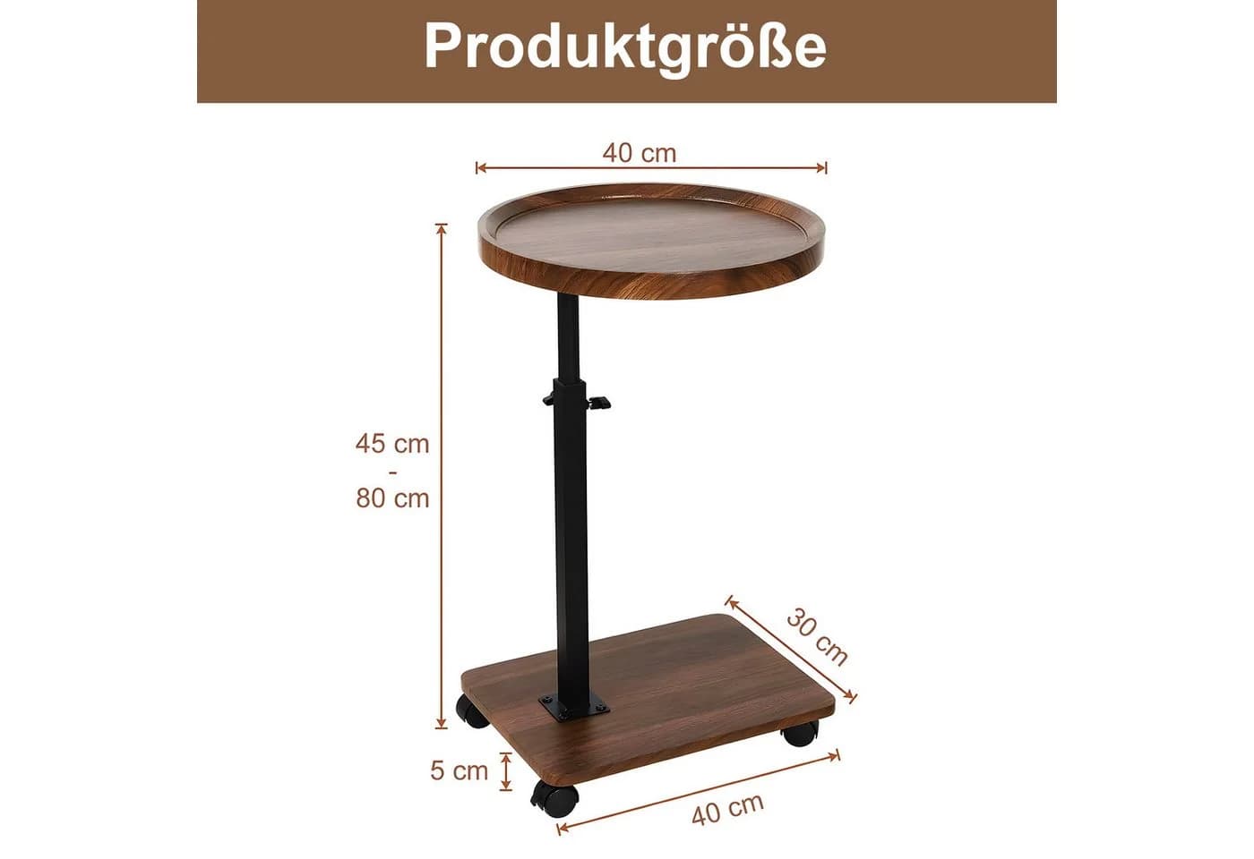 HEYHIPPO Beistelltisch rund C-Tisch höhenverstellbar 45–80 cm, 40×40cm Walnuss - Bild 3