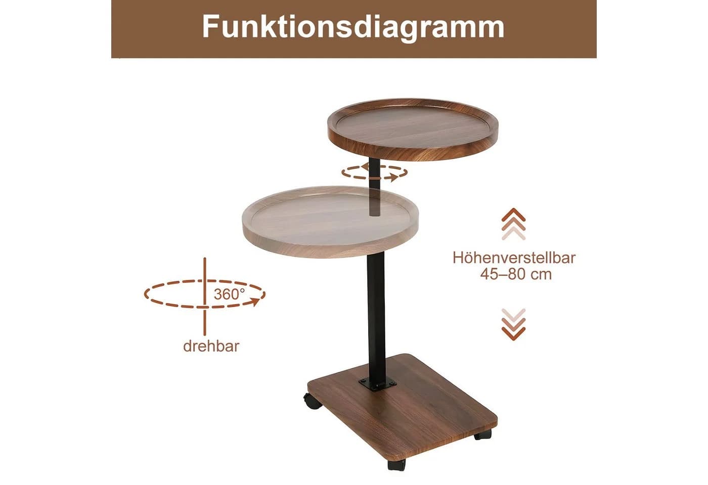HEYHIPPO Beistelltisch rund C-Tisch höhenverstellbar 45–80 cm, 40×40cm Walnuss - Bild 4