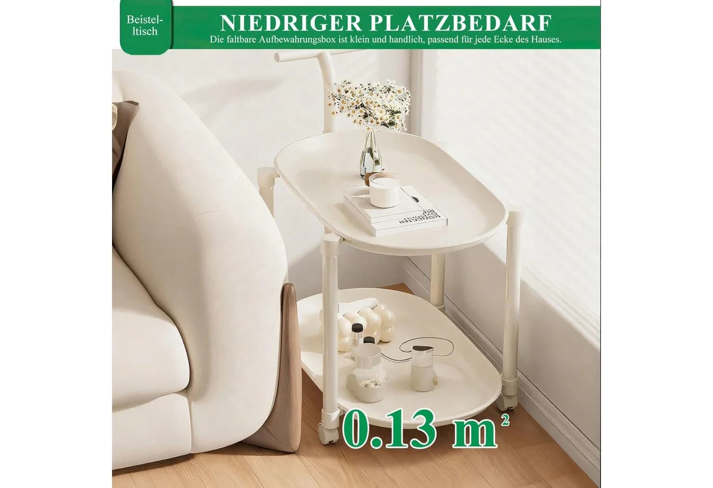 HEYHIPPO Beistelltisch mit Rollen, 2 Ebenen, Weiß - Bild 4