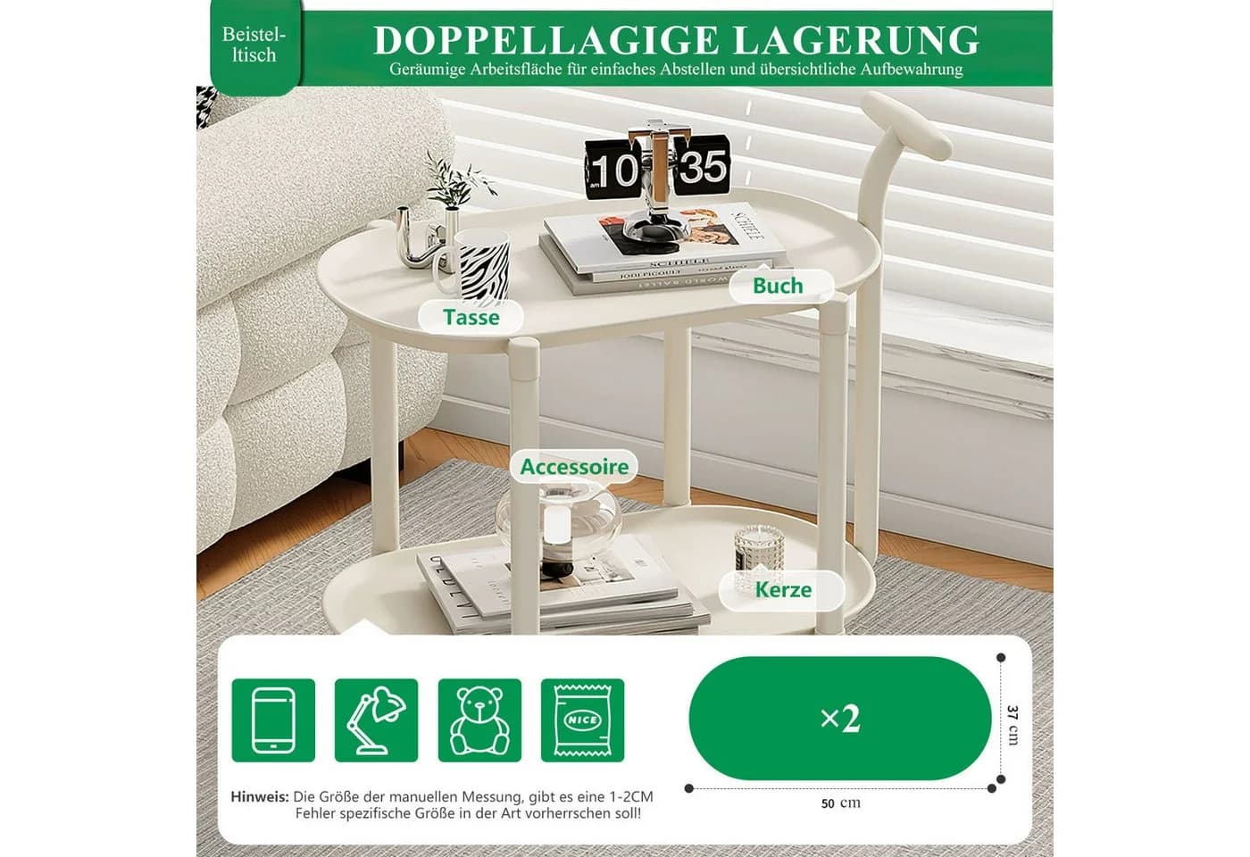 HEYHIPPO Beistelltisch mit Rollen, 2 Ebenen, Weiß - Bild 5