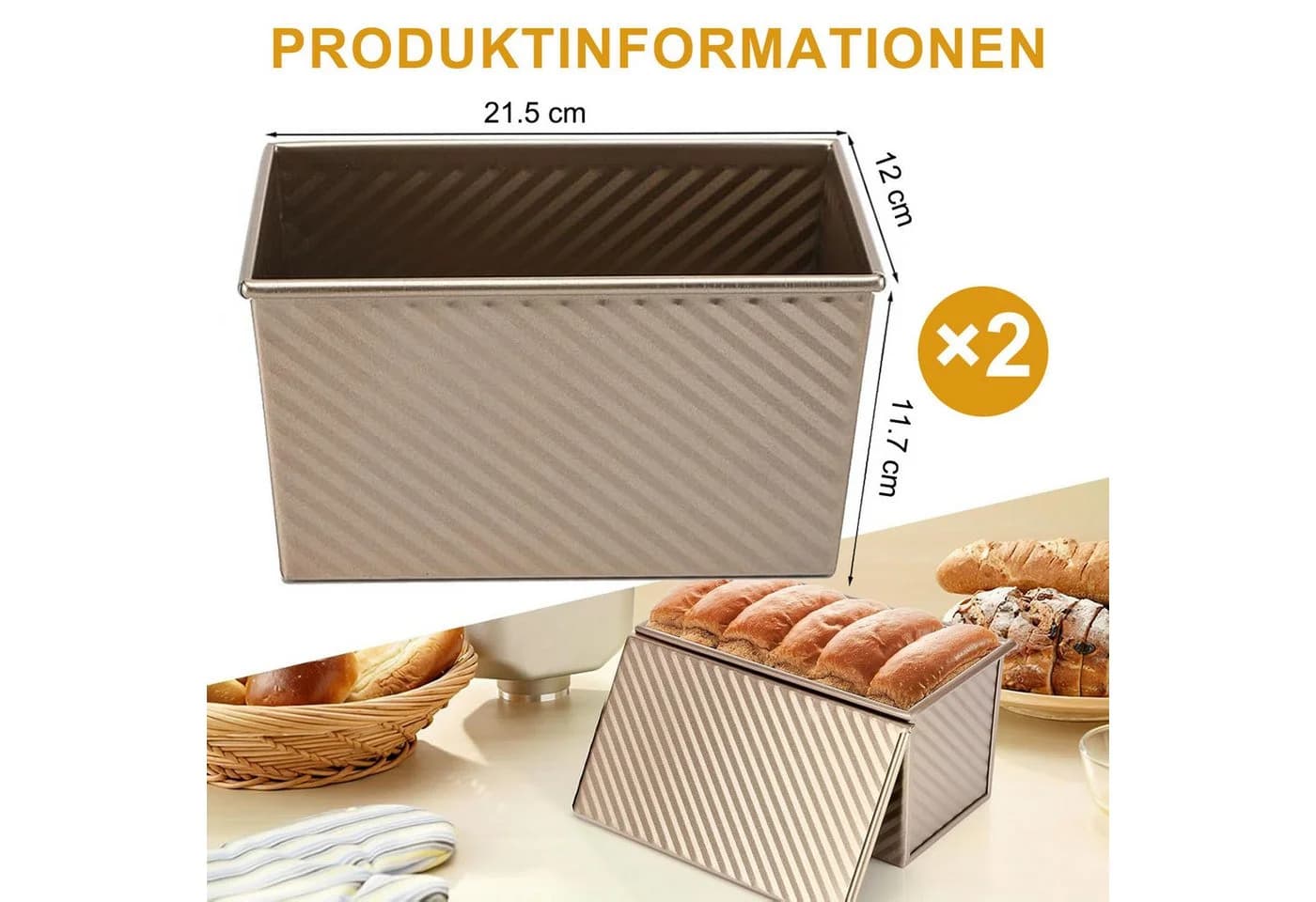 HEYHIPPO Brotbackform 2er-Set mit Deckel, Karbonstahl, Gold