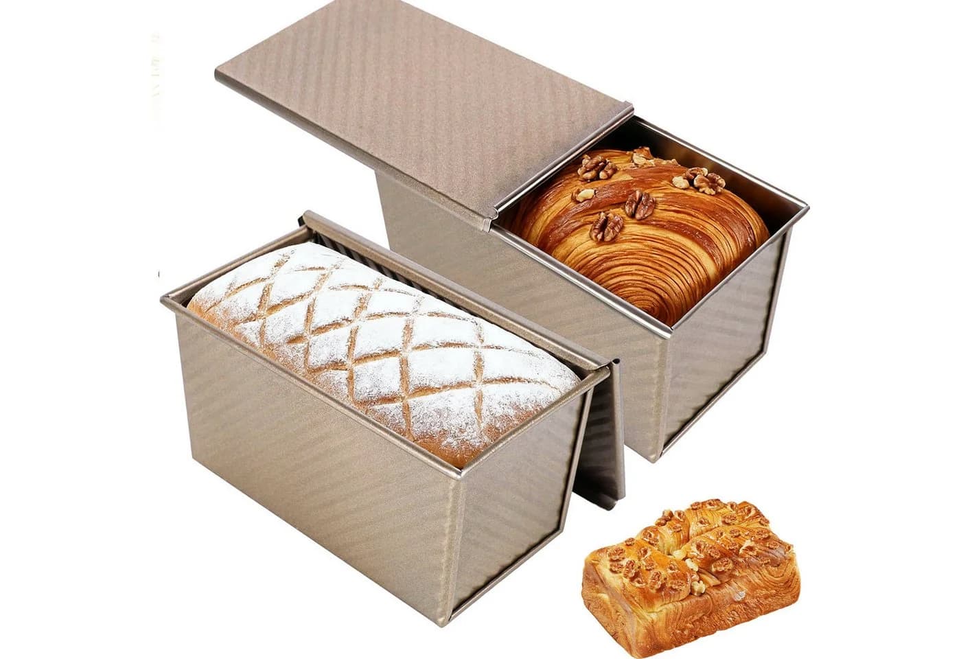 HEYHIPPO Brotbackform 2er-Set mit Deckel, Karbonstahl, Gold - Bild 2