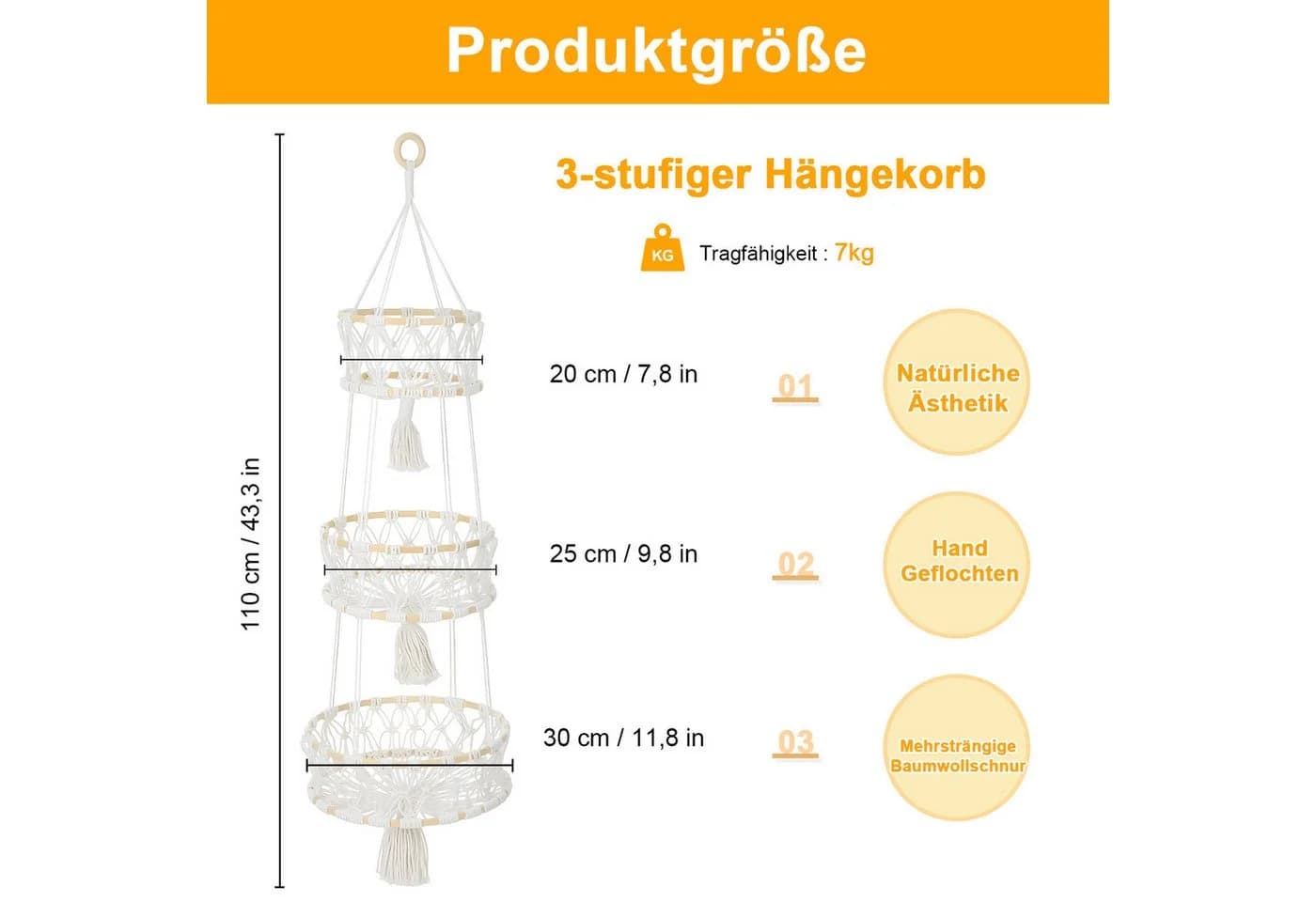 HEYHIPPO Hängender Aufbewahrungskorb 3-stöckig Beige Baumwolle