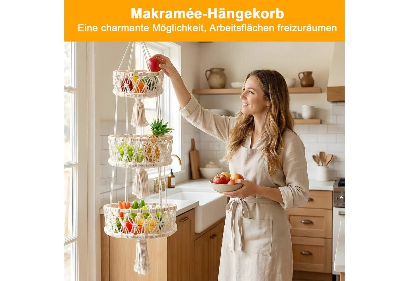 HEYHIPPO Hängender Aufbewahrungskorb 3-stöckig Beige Baumwolle - Bild 5